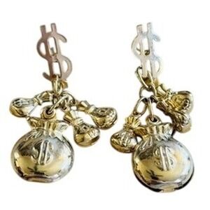 VTG Whimsical Money Bags Earrings Statement Flashy Dangle Post Gold Tone Retro
